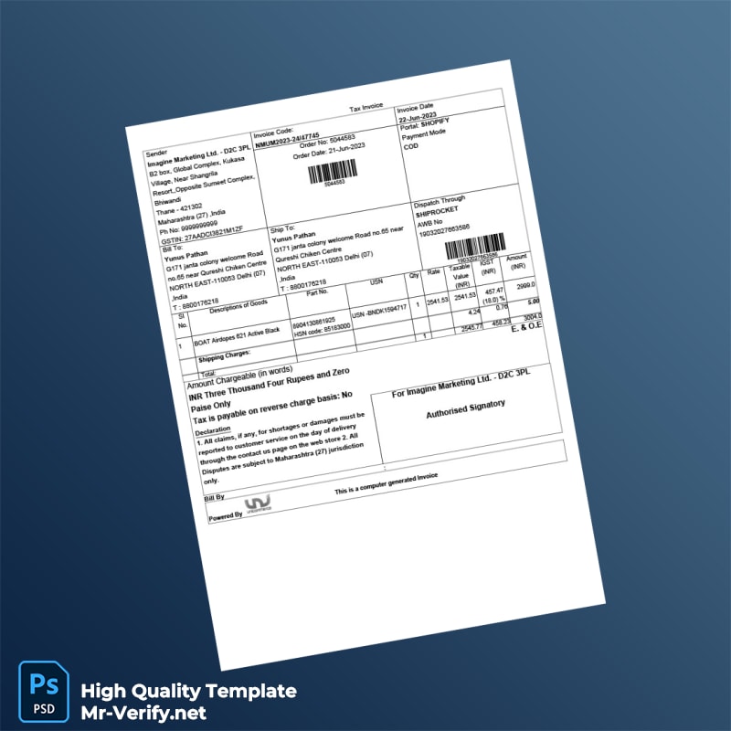 India Imagine Marketing Ltd Invoice Template in Word and PDF formats India Imagine Marketing Ltd Invoice Template in Word and PDF formats