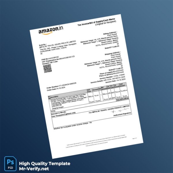 India Impulse Travel Gears Private Limited Invoice Template in Word and PDF formats India Impulse Travel Gears Private Limited Invoice Template in Word and PDF formats