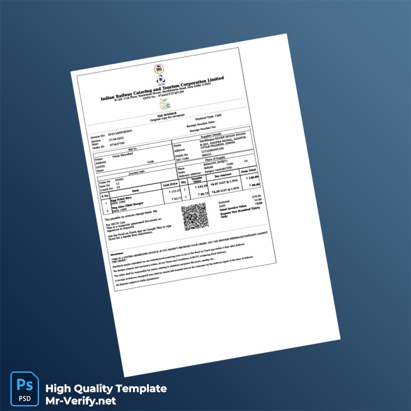 India Indian Railway Catering and Tourism Corporation Limited Invoice Template in Word and PDF formats India Indian Railway Catering and Tourism Corporation Limited Invoice Template in Word and PDF formats