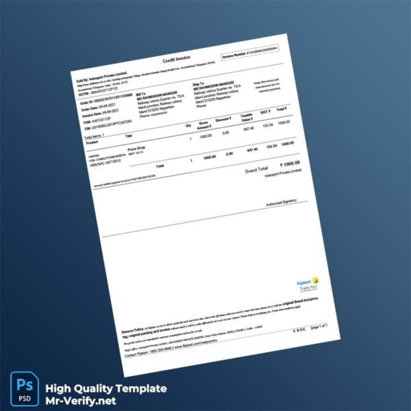 India Indospirit Private Limited Credit Invoice Template in Word and PDF formats 2 page