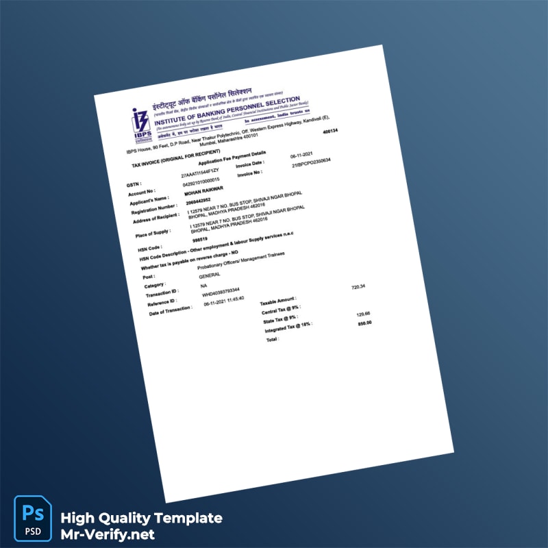 India Institute of Banking Personnel Selection Invoice Template in Word and PDF formats India Institute of Banking Personnel Selection Invoice Template in Word and PDF formats