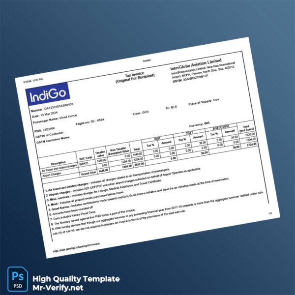 India InterGlobe Aviation Limited Invoice Template in Word and PDF formats 2 page India InterGlobe Aviation Limited Invoice Template in Word and PDF formats 2 page