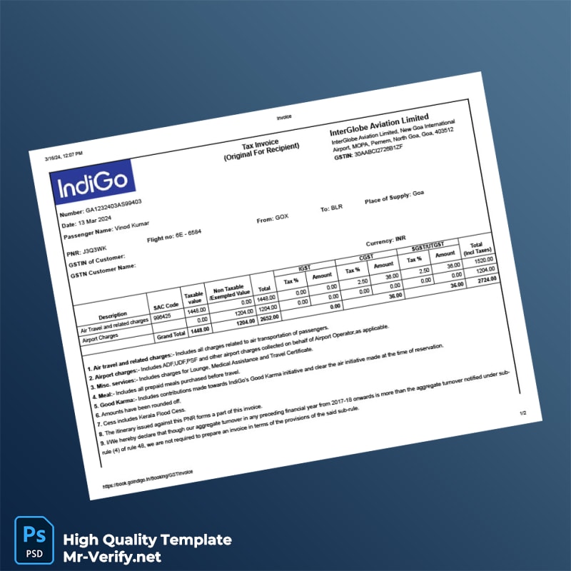 India InterGlobe Aviation Limited Invoice Template in Word and PDF formats 2 page India InterGlobe Aviation Limited Invoice Template in Word and PDF formats 2 page