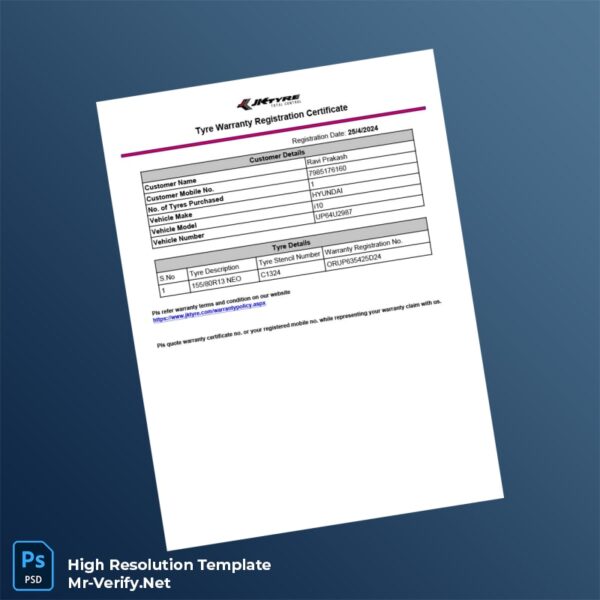 Editable India JK Tyre Warranty Registration Certificate Word and Pdf Template 2 page Editable India JK Tyre Warranty Registration Certificate Word and Pdf Template 2 page