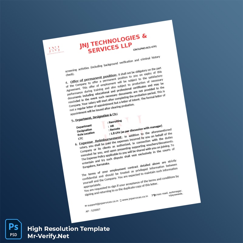 Editable India JNJ Technologies Services LLP Employment Verification Letter Word and Pdf Template 4 page Editable India JNJ Technologies Services LLP Employment Verification Letter Word and Pdf Template 4 page