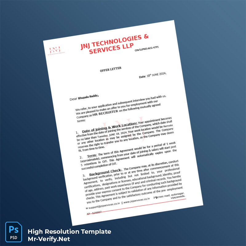 Editable India JNJ Technologies Services LLP Employment Verification Letter Word and Pdf Template 4 page Editable India JNJ Technologies Services LLP Employment Verification Letter Word and Pdf Template 4 page