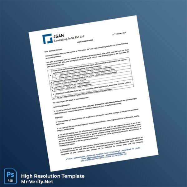 Editable India JSAN Consulting India Pvt Ltd Employment Offer Letter Word and Pdf Template 3 page