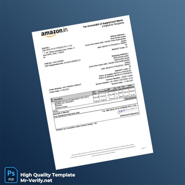 India JSB Health Fitness Pvt Ltd Tax Invoice Template in Word and PDF formats