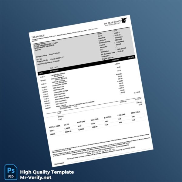 India JW Marriott New Delhi Aerocity Tax Invoice Template in Word and PDF formats