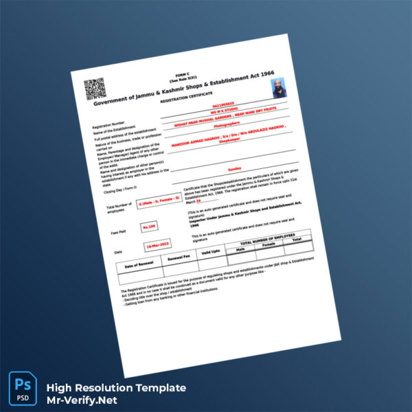 India Jammu Kashmir Shops Establishment Act 1966 Registration Certificate Word and Pdf Template