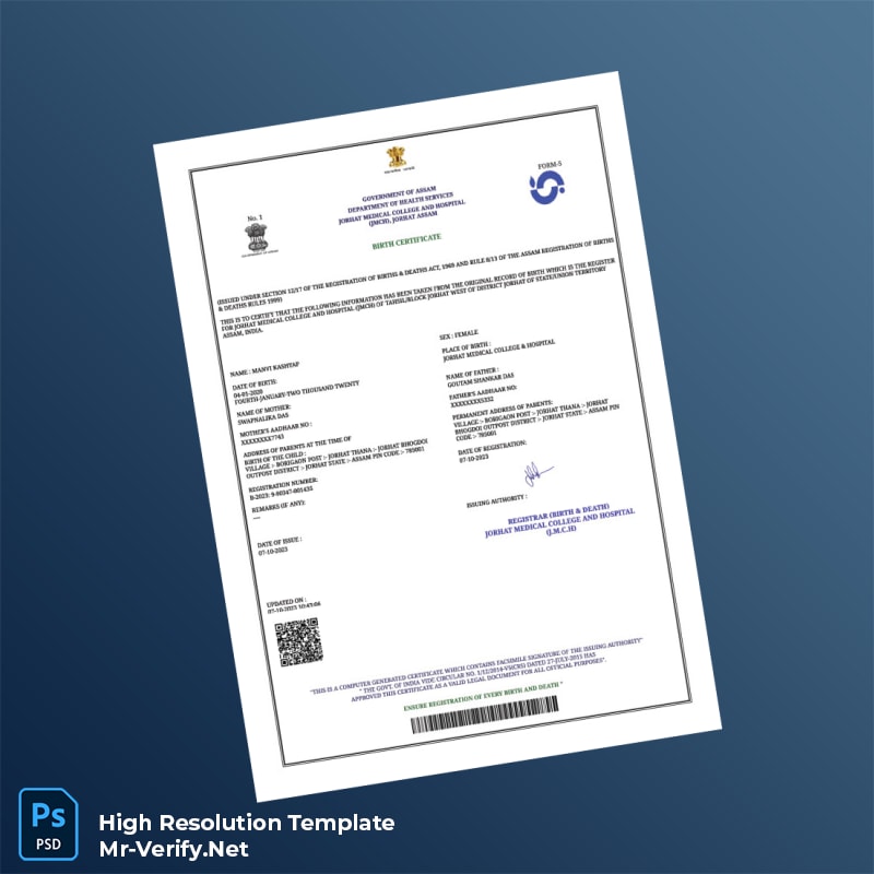 Editable India Jorhat Medical College and Hospital Birth Registration Certificate Word and Pdf Template Editable India Jorhat Medical College and Hospital Birth Registration Certificate Word and Pdf Template