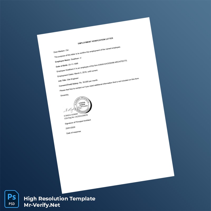 Editable India KANAVUKOODAM ARCHITECTS Employment Verification Letter Word and Pdf Template Editable India KANAVUKOODAM ARCHITECTS Employment Verification Letter Word and Pdf Template