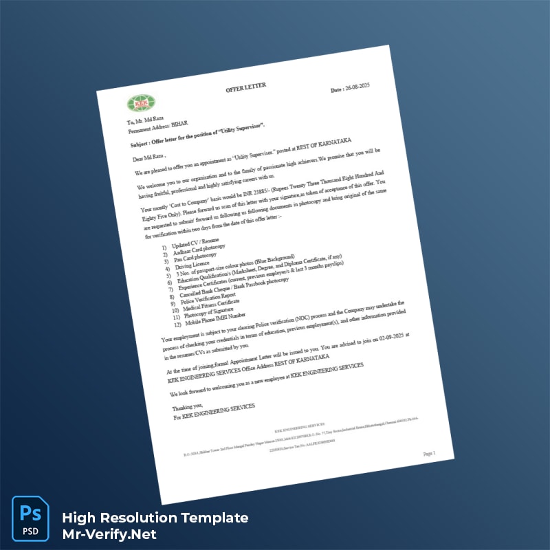 Editable India KEK Engineering Services Employment Verification Letter Word and Pdf Template 2 page Editable India KEK Engineering Services Employment Verification Letter Word and Pdf Template 2 page