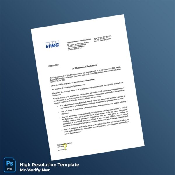 Editable India KPMG Employment Verification Letter Word and Pdf Template 2 page