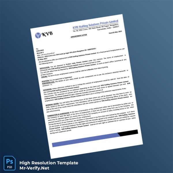Editable India KVB Staffing Solutions Private Limited Employment Verification Letter Word and Pdf Template 5 page Editable India KVB Staffing Solutions Private Limited Employment Verification Letter Word and Pdf Template 5 page