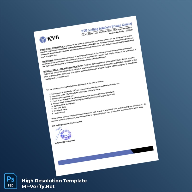 Editable India KVB Staffing Solutions Private Limited Employment Verification Letter Word and Pdf Template 5 page Editable India KVB Staffing Solutions Private Limited Employment Verification Letter Word and Pdf Template 5 page