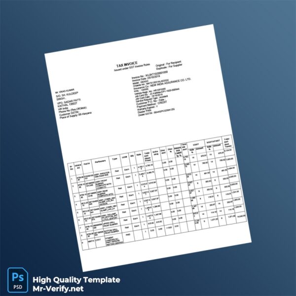 India Kalair Motors Tax Invoice Template in Word and PDF formats 2 page India Kalair Motors Tax Invoice Template in Word and PDF formats 2 page