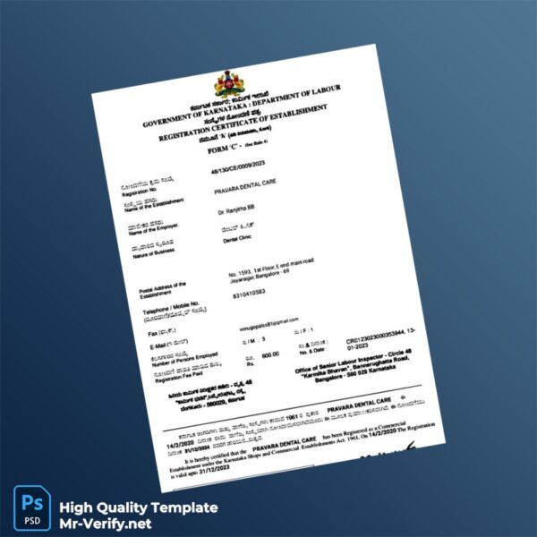 India Karnataka Commercial Registration Certificate Template in Word and PDF formats India Karnataka Commercial Registration Certificate Template in Word and PDF formats