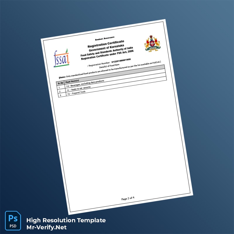 Editable India Karnataka Food Registration Certificate Word and Pdf Template 4 page Editable India Karnataka Food Registration Certificate Word and Pdf Template 4 page