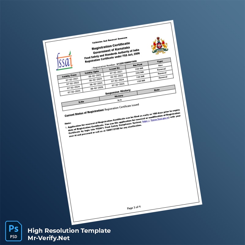 Editable India Karnataka Food Registration Certificate Word and Pdf Template 4 page Editable India Karnataka Food Registration Certificate Word and Pdf Template 4 page