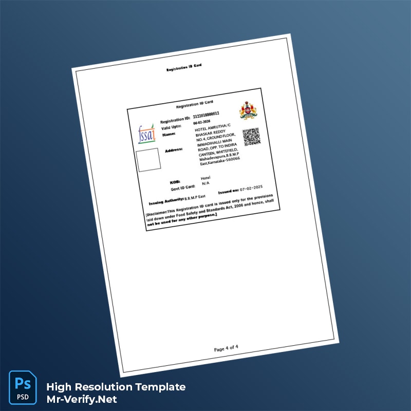 Editable India Karnataka Food Registration Certificate Word and Pdf Template 4 page Editable India Karnataka Food Registration Certificate Word and Pdf Template 4 page
