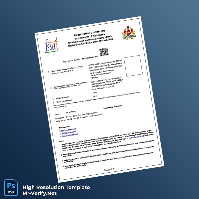 Editable India Karnataka Food Registration Certificate Word and Pdf Template 4 page Editable India Karnataka Food Registration Certificate Word and Pdf Template 4 page