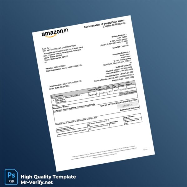 India Kay Kay Overseas Corporation Tax Invoice Template in Word and PDF formats