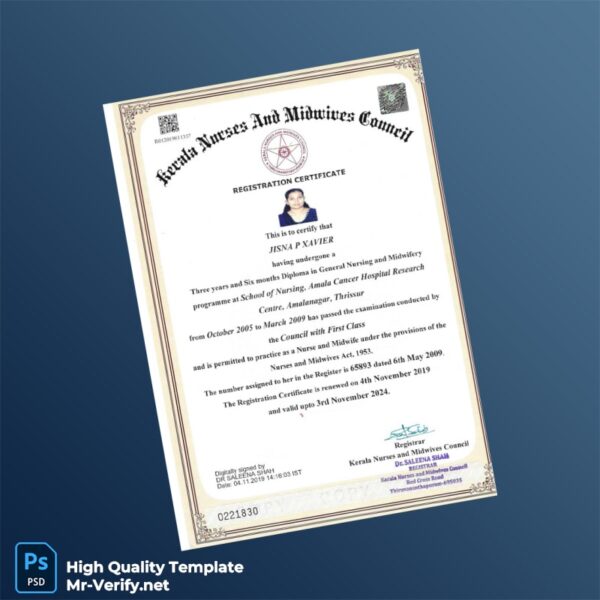 India Kerala Nurses and Midwives Council Registration Certificate Template in Word and PDF formats India Kerala Nurses and Midwives Council Registration Certificate Template in Word and PDF formats