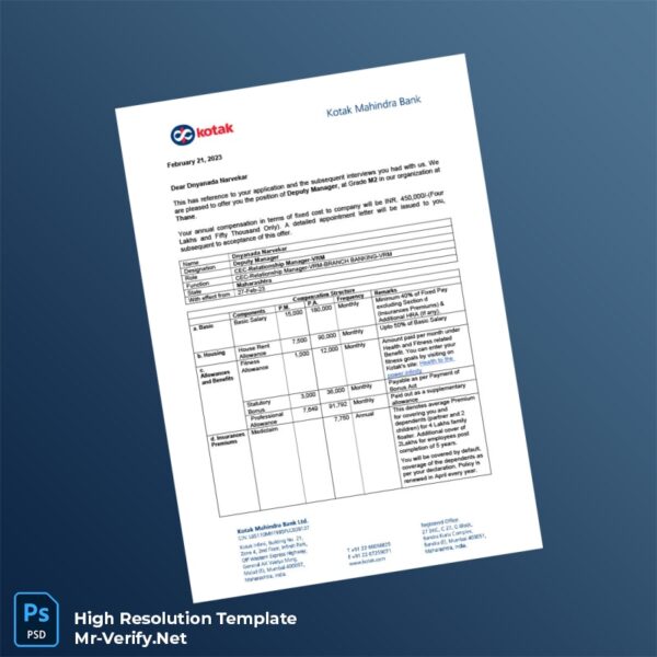 Editable India Kotak Mahindra Bank Employment Verification Letter Word and Pdf Template 3 page
