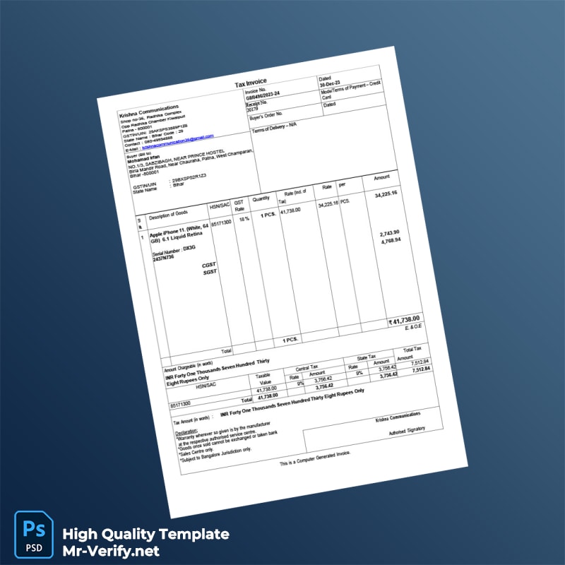 India Krishna Communications Tax Invoice Template in Word and PDF formats India Krishna Communications Tax Invoice Template in Word and PDF formats