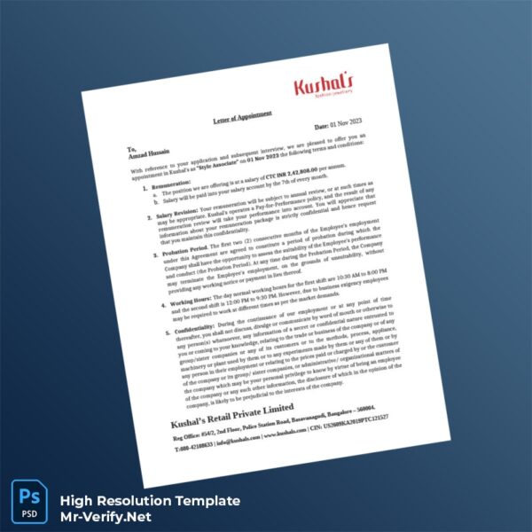 Editable India Kushal s Retail Private Limited Employment Verification Letter Word and Pdf Template 2 page Editable India Kushal s Retail Private Limited Employment Verification Letter Word and Pdf Template 2 page