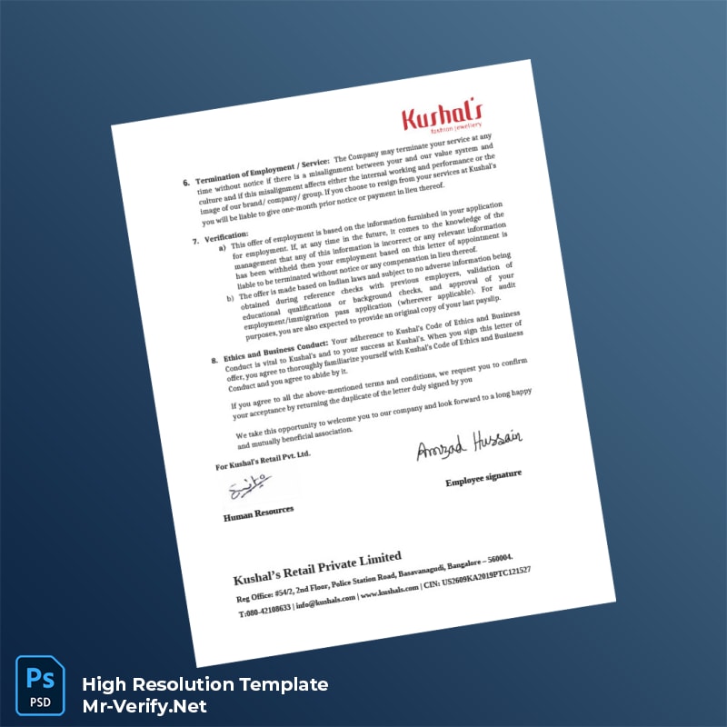 Editable India Kushal s Retail Private Limited Employment Verification Letter Word and Pdf Template 2 page Editable India Kushal s Retail Private Limited Employment Verification Letter Word and Pdf Template 2 page
