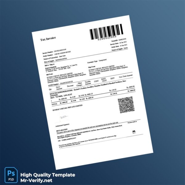 India Kushal s Retail Private Limited Tax Invoice Template in Word and PDF formats 2 page