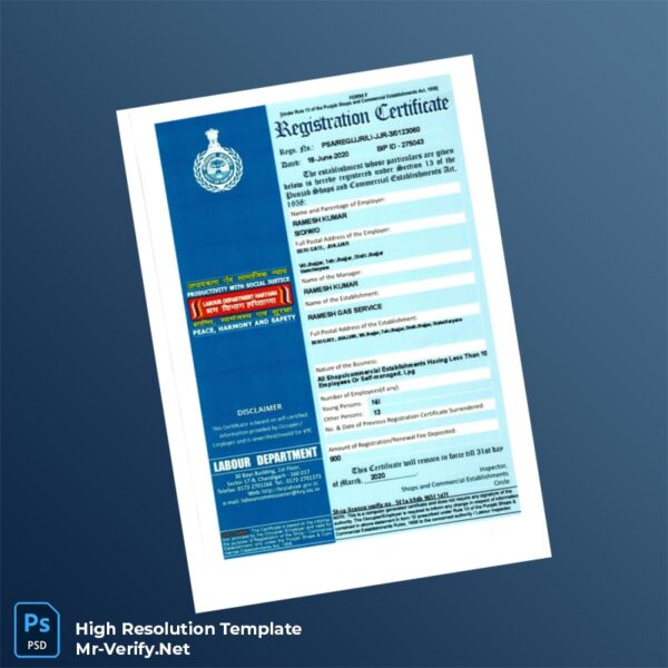 Editable India Labour Department Business Registration Certificate Word and Pdf Template