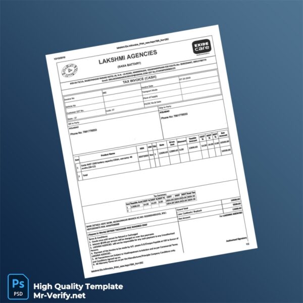 India Lakshmi Agencies Tax Invoice Template in Word and PDF formats 2 page