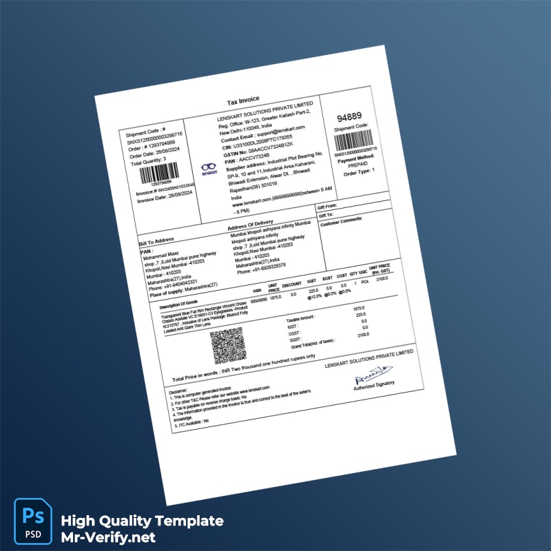 India Lenskart Invoice Template in Word and PDF formats India Lenskart Invoice Template in Word and PDF formats