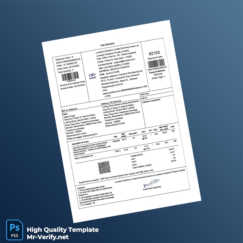 India Lenskart Solutions Limited Invoice Template in Word and PDF formats 2 page India Lenskart Solutions Limited Invoice Template in Word and PDF formats 2 page