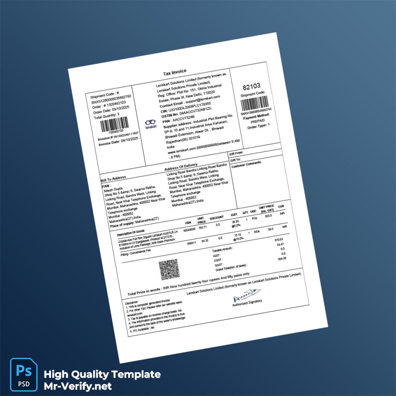 India Lenskart Solutions Limited Invoice Template in Word and PDF formats 2 page India Lenskart Solutions Limited Invoice Template in Word and PDF formats 2 page