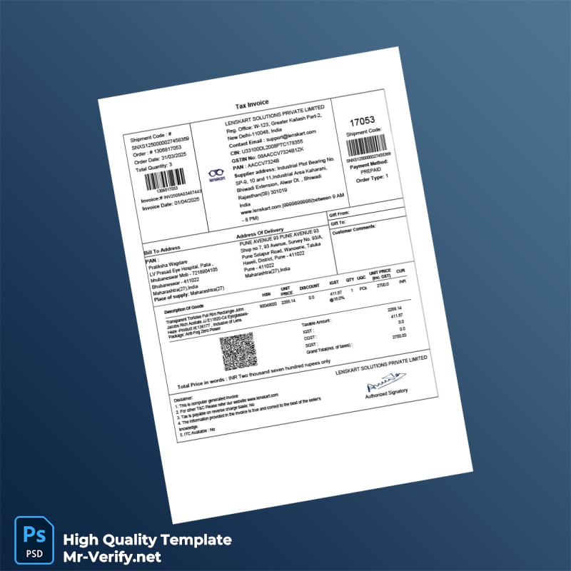 India Lenskart Solutions Private Limited Tax Invoice Template in Word and PDF formats India Lenskart Solutions Private Limited Tax Invoice Template in Word and PDF formats