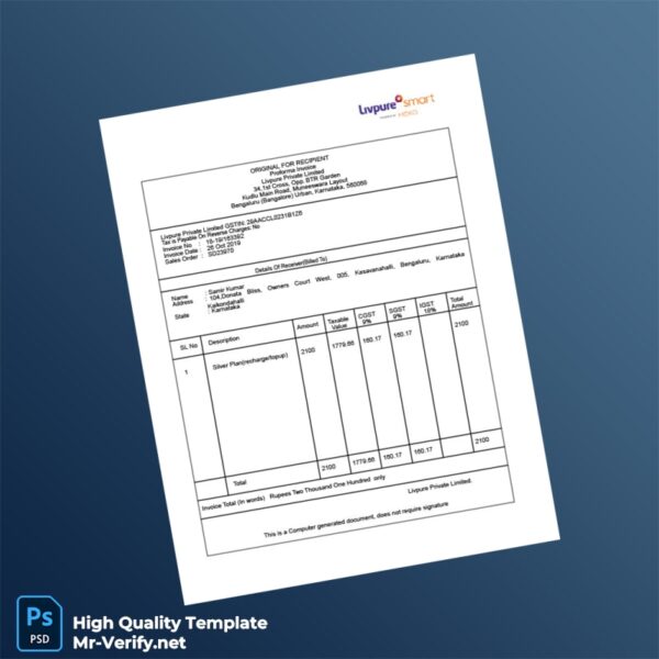 India Livpure Private Limited Proforma Invoice Template in Word and PDF formats India Livpure Private Limited Proforma Invoice Template in Word and PDF formats