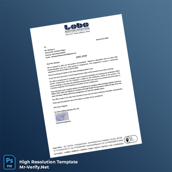 Editable India Lobo Staffing Solutions Pvt Ltd Employment Verification Letter Word and Pdf Template 3 page