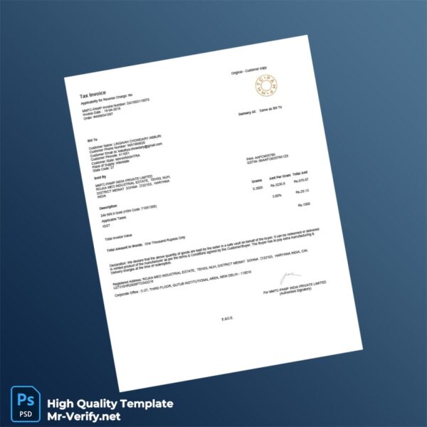 India MMTC-PAMP India Private Limited Invoice Template in Word and PDF formats