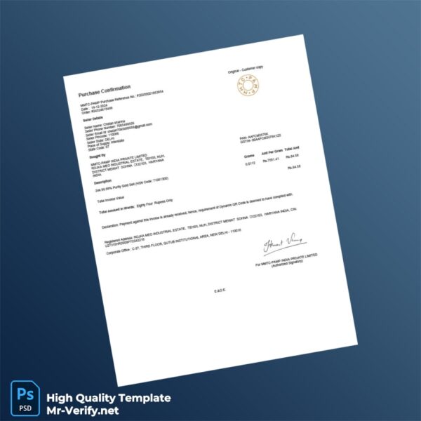 India MMTC-PAMP Invoice Template in Word and PDF formats India MMTC-PAMP Invoice Template in Word and PDF formats