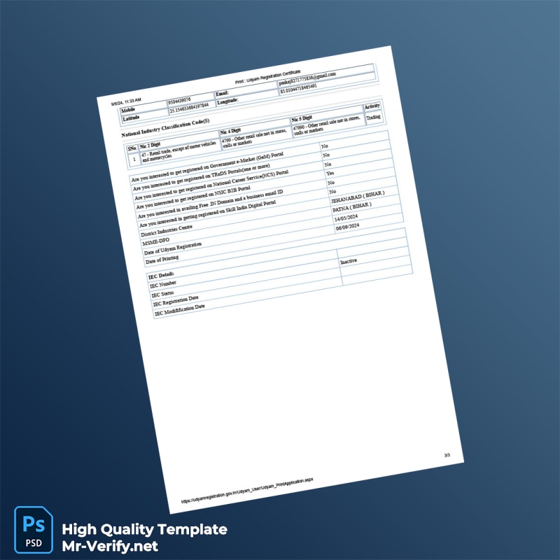 India MSME Development Institute Udyam Registration Certificate Template in Word and PDF formats 3 page India MSME Development Institute Udyam Registration Certificate Template in Word and PDF formats 3 page