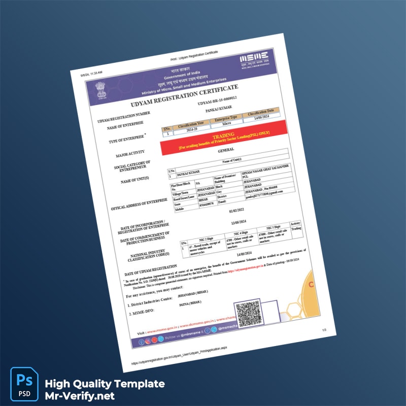 India MSME Development Institute Udyam Registration Certificate Template in Word and PDF formats 3 page India MSME Development Institute Udyam Registration Certificate Template in Word and PDF formats 3 page