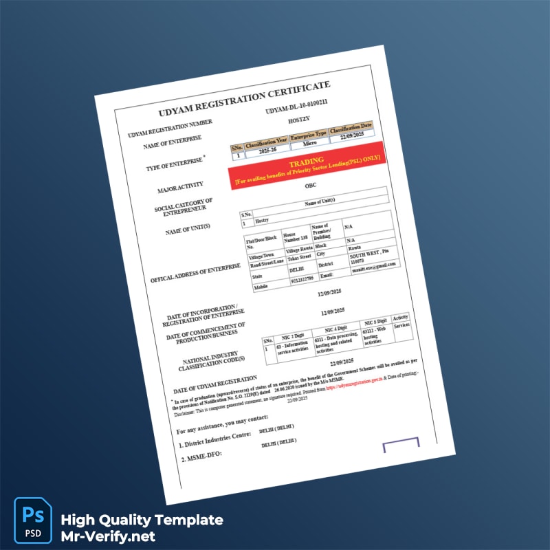 India MSME Editable Business Registration Certificate Template in Word and PDF formats 2 page India MSME Editable Business Registration Certificate Template in Word and PDF formats 2 page
