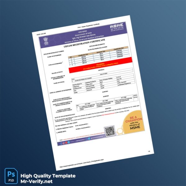 India MSME Editable Udyam Registration Certificate Template in Word and PDF formats 3 page India MSME Editable Udyam Registration Certificate Template in Word and PDF formats 3 page
