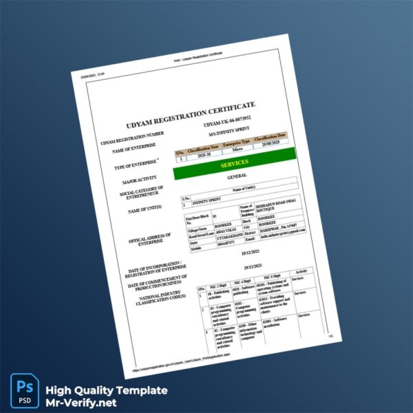 India MSME Ministry Udyam Registration Certificate Template in Word and PDF formats 2 page India MSME Ministry Udyam Registration Certificate Template in Word and PDF formats 2 page