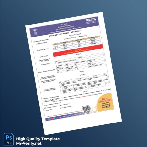 India MSME Ministry of Commerce Udyam Registration Certificate Template in Word and PDF formats