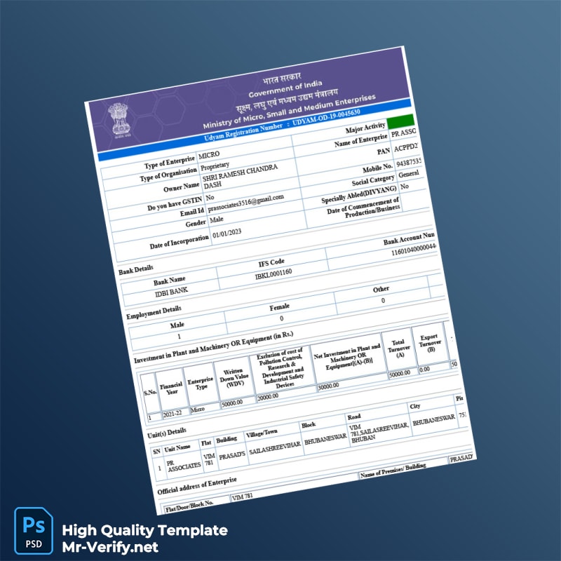 India MSME Ministry of Micro Small and Medium Enterprises Udyam Registration Certificate Template in Word and PDF formats 4 page India MSME Ministry of Micro Small and Medium Enterprises Udyam Registration Certificate Template in Word and PDF formats 4 page